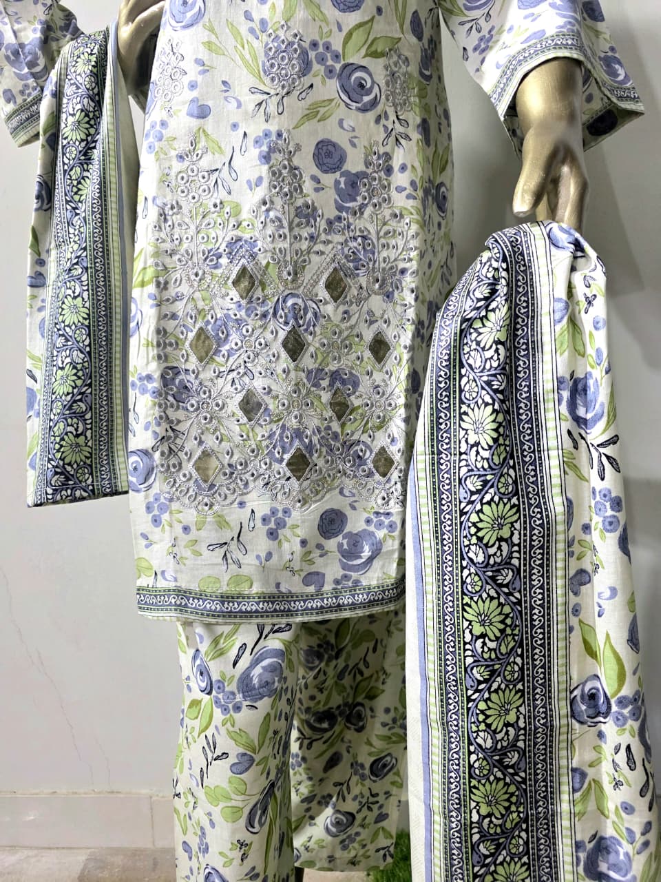 3-piece stitched Embroided Lawn.