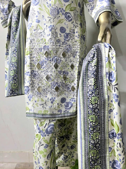 3-piece stitched Embroided Lawn.