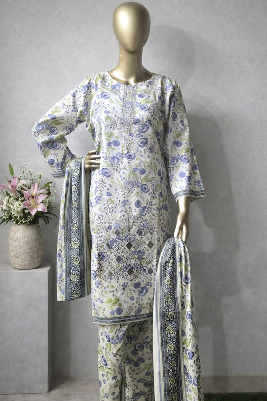 3-piece stitched Embroided Lawn.